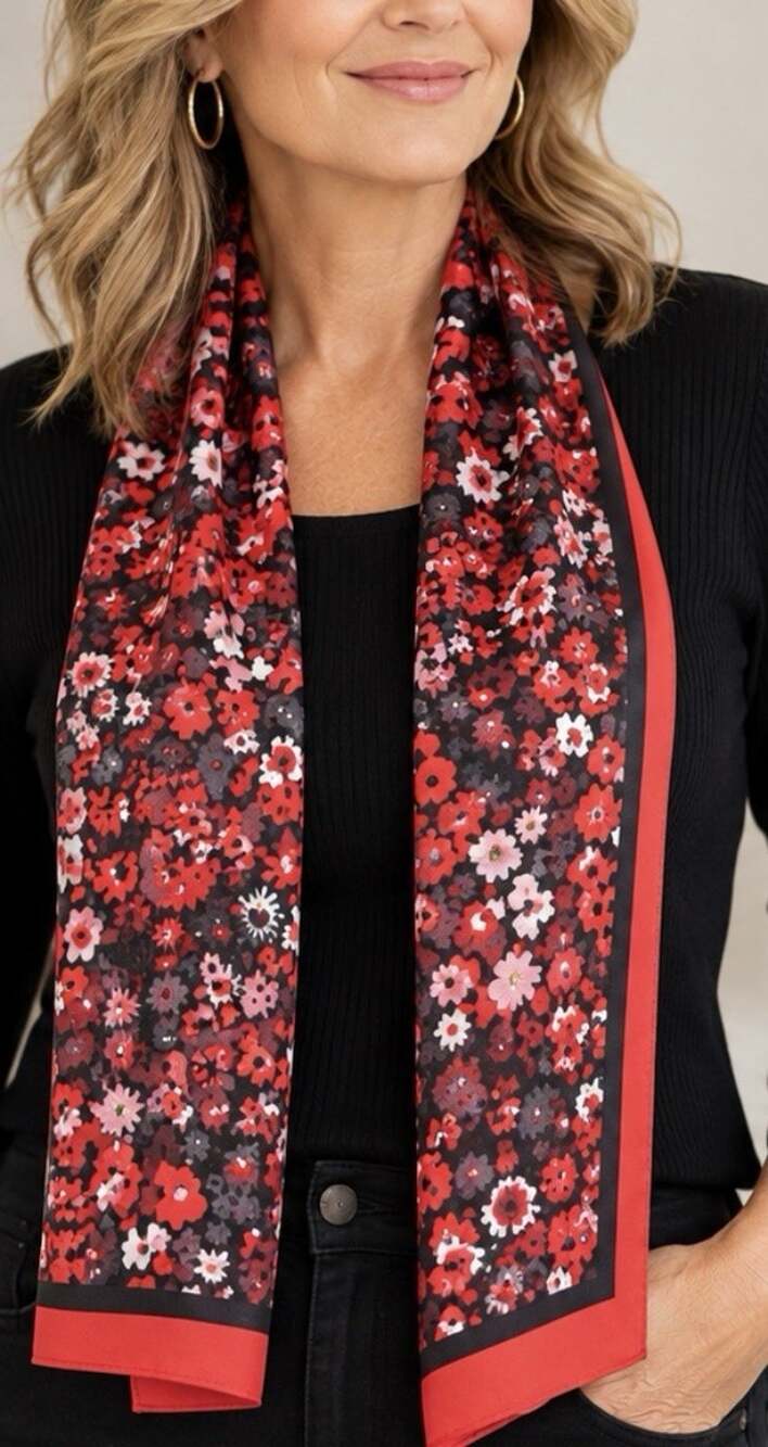 Talbots 100% Silk Red Floral Ditsy Floral Rectangle Scarf 14” X 64” NEW